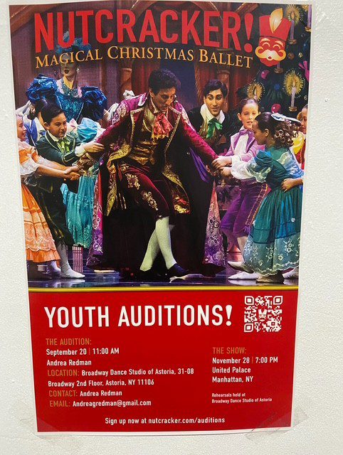 Poster for youth auditions in a ballet production with colorful costumes and details.